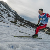 A Japanese skier with an intellectual impairment races during a Nordic skiing event