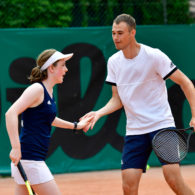 Dominic Iannotti and Anna McBride celebrate after a point