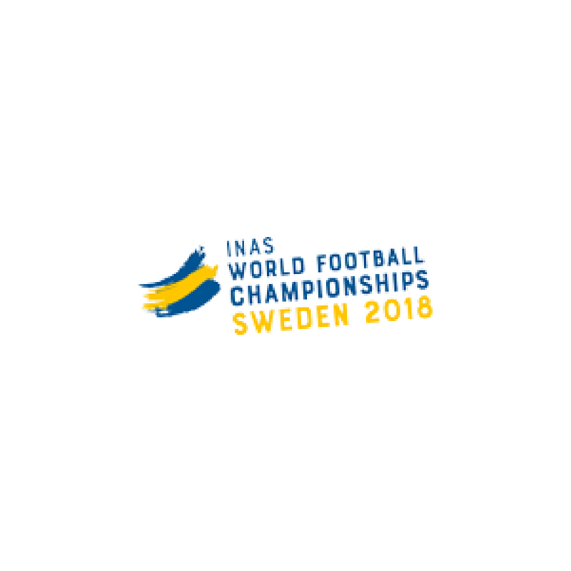 The logo of the 2018 World Intellectual Impairment Sport Football World Championships featuring the Swedish flag drawn artistically