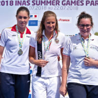 Russia's Valeriia Shabalina poses on the podium with her gold medal at Paris 2018