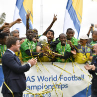 Saudi Arabia are presented with their 2018 World Intellectual Impairment Sport Football World Championships trophy