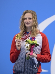 Valeriia Shabalina holds her Gold Medal in S14 100 meter Butterfly at Tokyo 2020 Paralympic Games