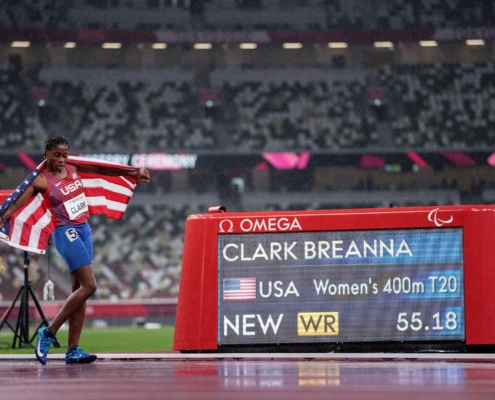 Breanna Clark USA breaks world record at T20 400 meter at Tokyo 2020 Paralympic Games.